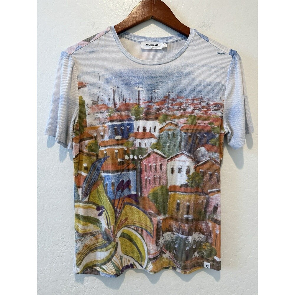 Desigual Ribbed Knit Medium Women's Top Stretchy Novelty Home Floral City Print